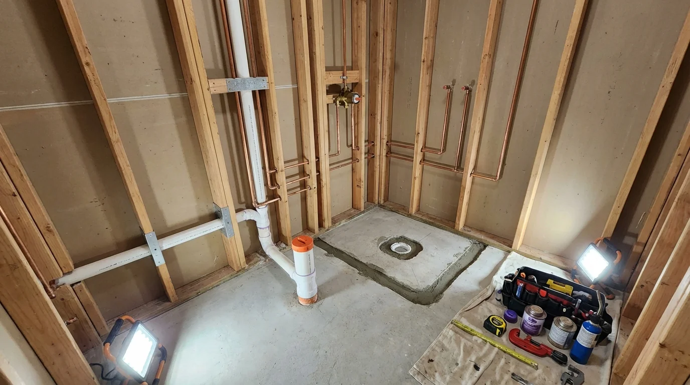 Bathroom rough-in plumbing during remodel by Johns Plumbing LLC in Maysville