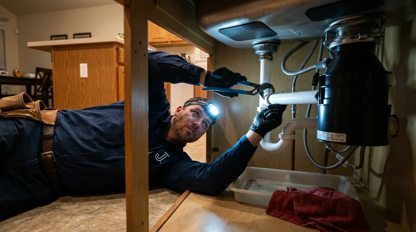 P-trap and supply line connections under a kitchen sink showing a common leak point in Maysville, KY